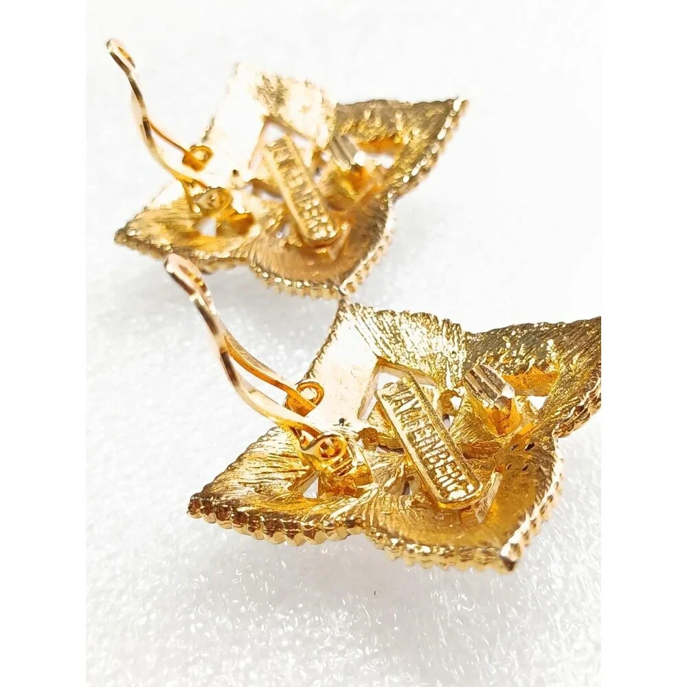 Jay Feinberg Signed Clip-On Earrings Gold Tone Rhinestone 80s - Picture 5 of 16